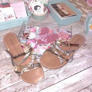 Chinese Laundry Women’s Sz.6.5 Gold Metallic Strappy Sandals Glam Beach Goddess